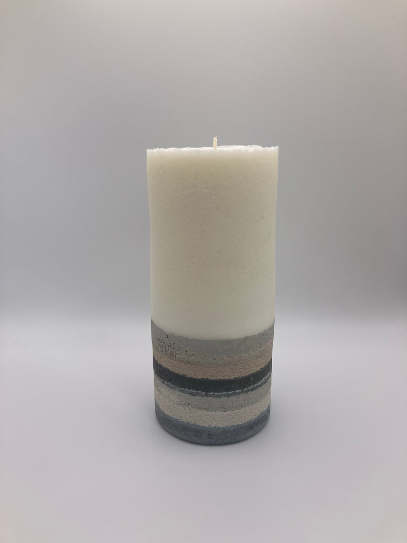 Medium 6.5" Pillar Grey, Cream, White & Blue Natural Soy Candle