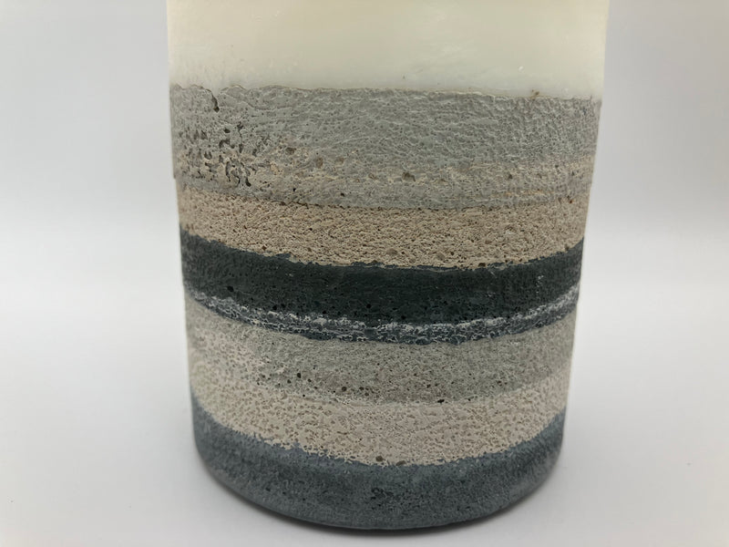 Medium 6.5" Pillar Grey, Cream, White & Blue Natural Soy Candle