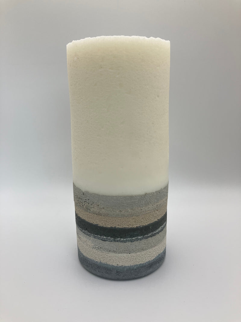 Medium 6.5" Pillar Grey, Cream, White & Blue Natural Soy Candle