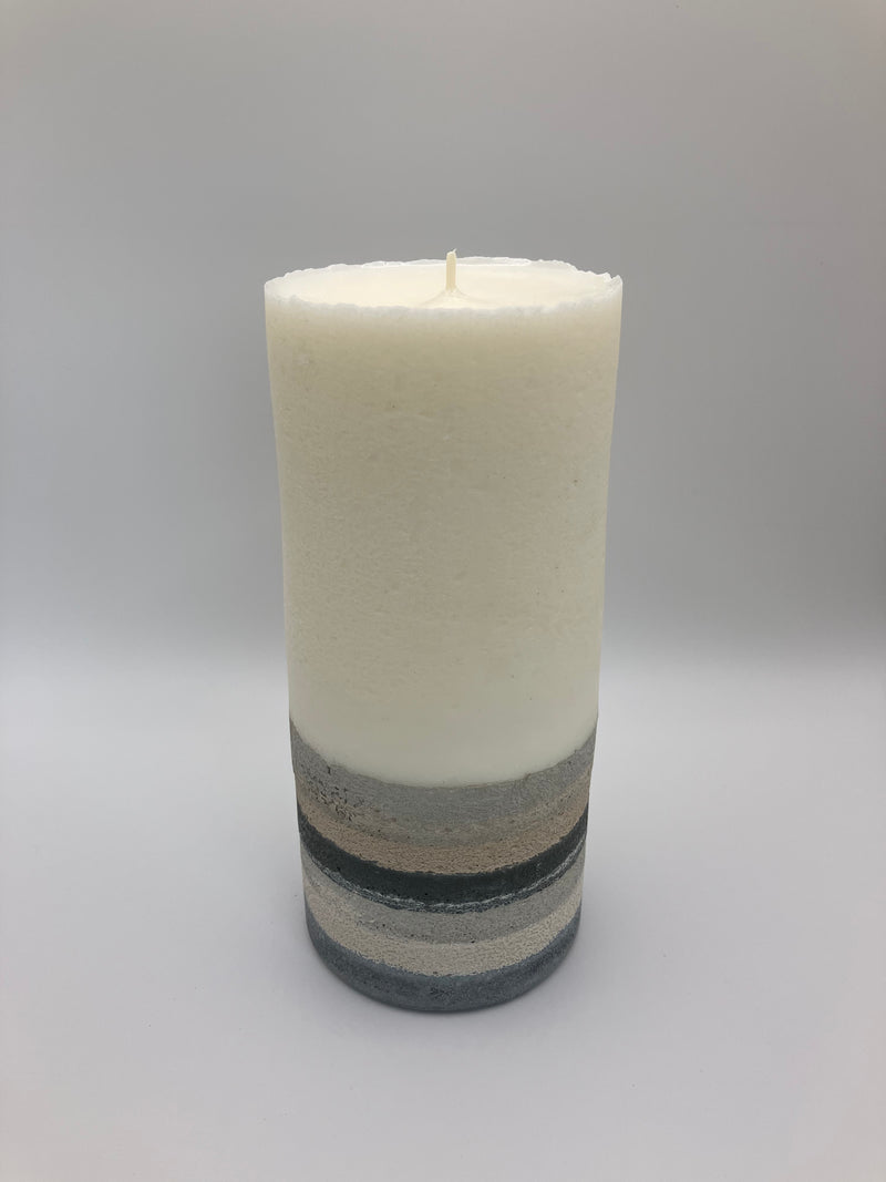 Medium 6.5" Pillar Grey, Cream, White & Blue Natural Soy Candle