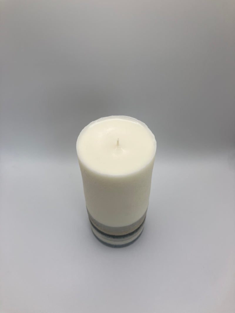 Medium 6.5" Pillar Grey, Cream, White & Blue Natural Soy Candle