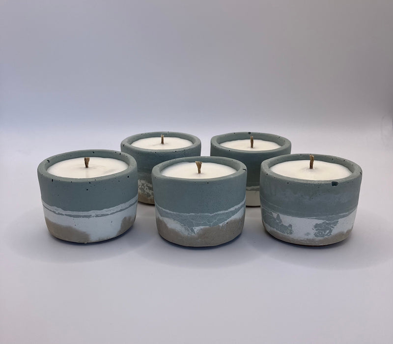 Set of 5 Large Tea Lights - Natural Soy Candles - Coastal Blue, White & Sand