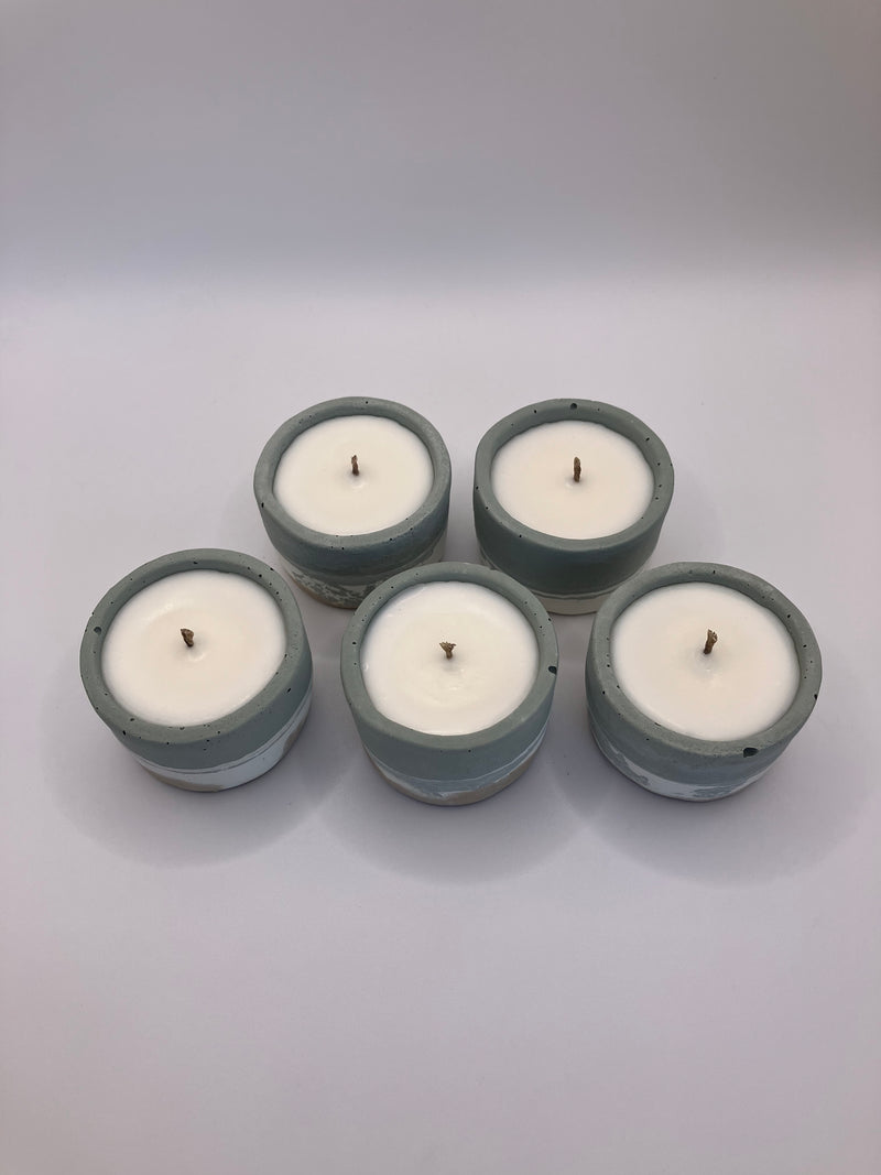 Set of 5 Large Tea Lights - Natural Soy Candles - Coastal Blue, White & Sand