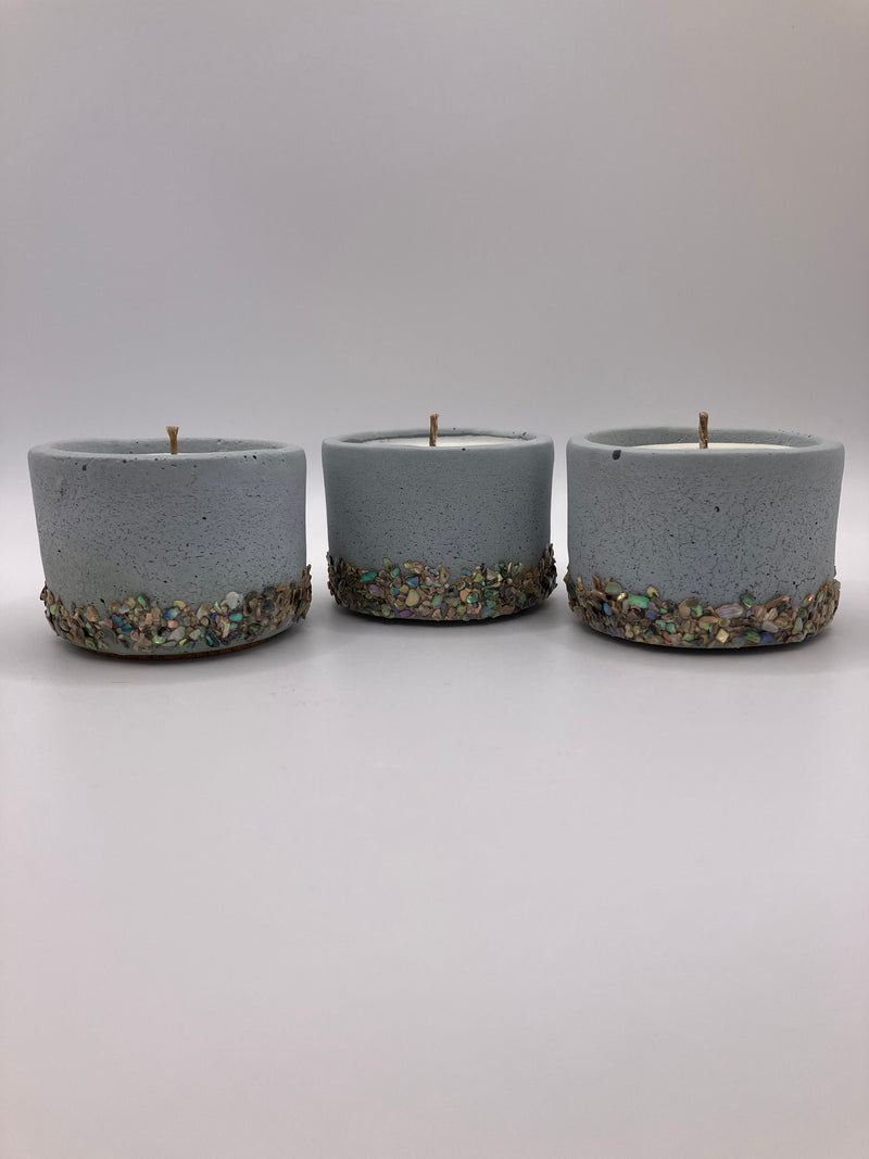 Set of 3 Large Tea Lights - Natural Soy Candles - Sea Blue with Small Abalone Shells