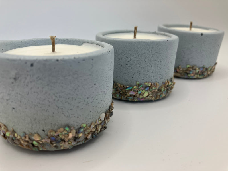 Set of 3 Large Tea Lights - Natural Soy Candles - Sea Blue with Small Abalone Shells