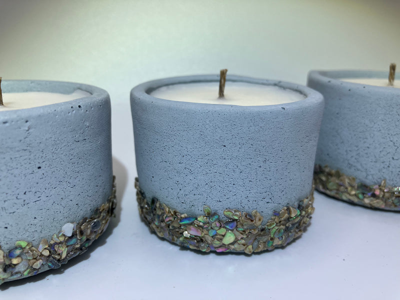 Set of 3 Large Tea Lights - Natural Soy Candles - Sea Blue with Small Abalone Shells