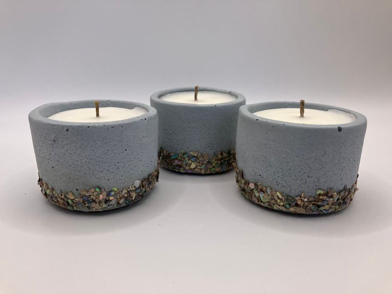 Set of 3 Large Tea Lights - Natural Soy Candles - Sea Blue with Small Abalone Shells