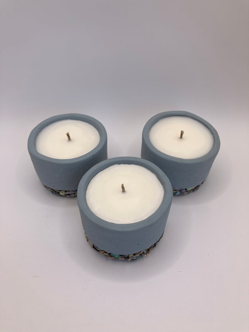 Set of 3 Large Tea Lights - Natural Soy Candles - Sea Blue with Large Abalone Shells