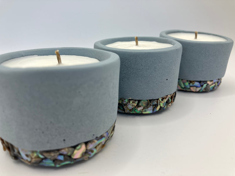 Set of 3 Large Tea Lights - Natural Soy Candles - Sea Blue with Large Abalone Shells