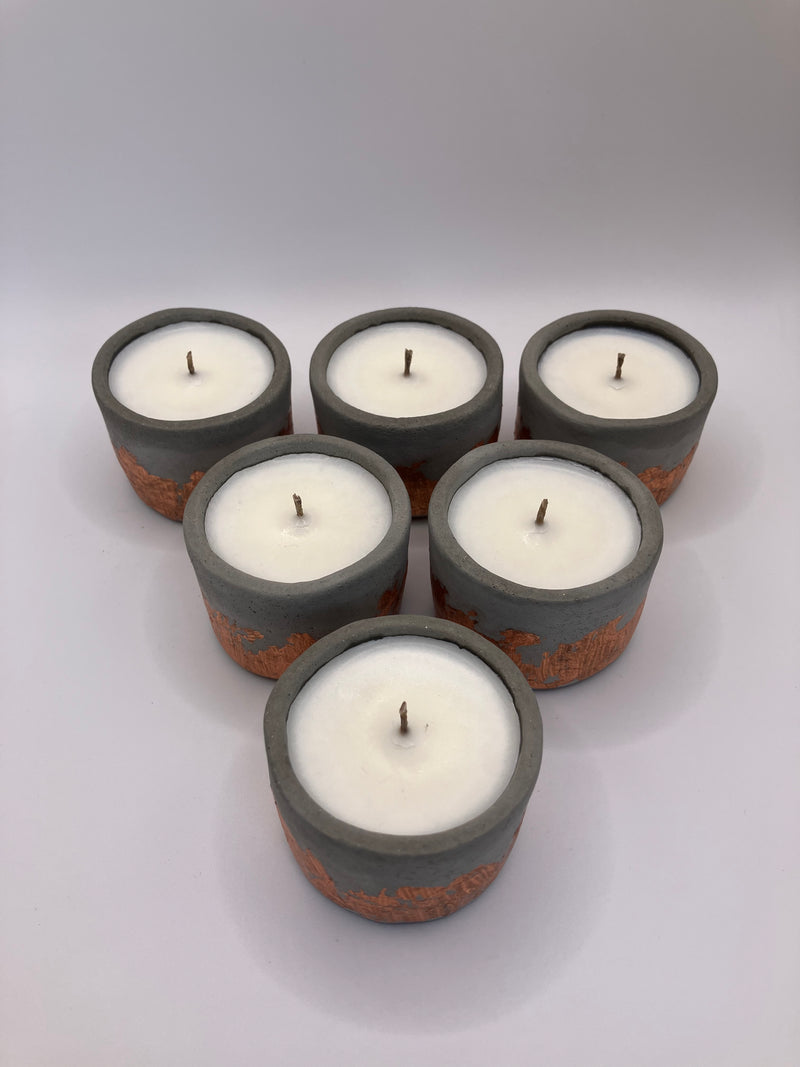 Set of 6 Large Tea Lights - Natural Soy Candles - Copper & Concrete - Gray