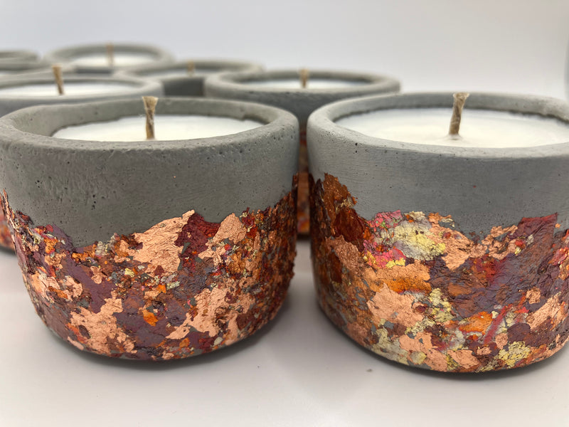 Set of 8 Large Tea Lights - Natural Soy Candles - Metallic Autumn Fall Colors & Concrete