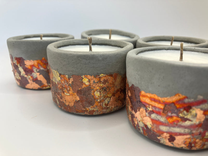 Set of 8 Large Tea Lights - Natural Soy Candles - Metallic Autumn Fall Colors & Concrete