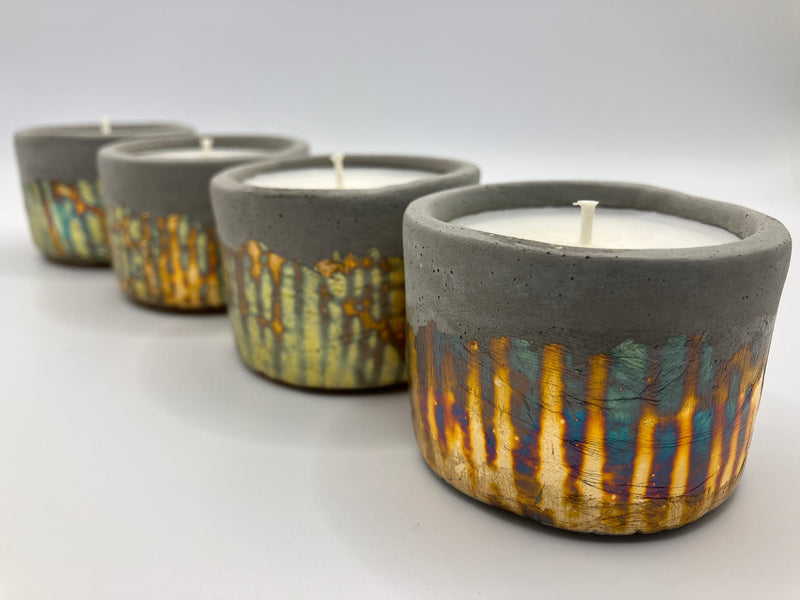 Set of 4 Retro Large Tea Lights - Natural Soy Candles - Metallic Copper, Blue, Green, Purple & Concrete