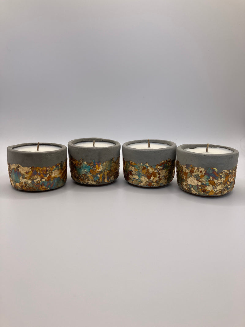 Set of 4 Large Tea Lights - Natural Soy Candles - Metallic Gold & Blue Colors & Concrete