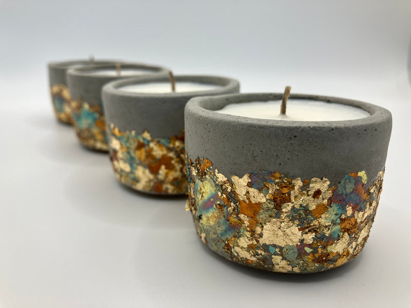 Set of 4 Large Tea Lights - Natural Soy Candles - Metallic Gold & Blue Colors & Concrete