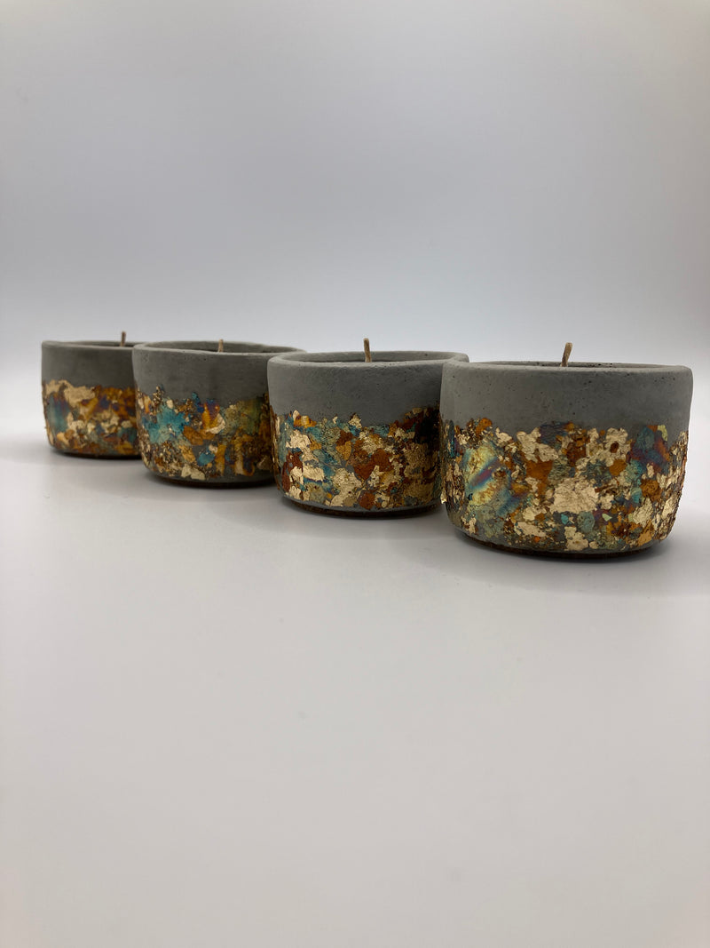 Set of 4 Large Tea Lights - Natural Soy Candles - Metallic Gold & Blue Colors & Concrete