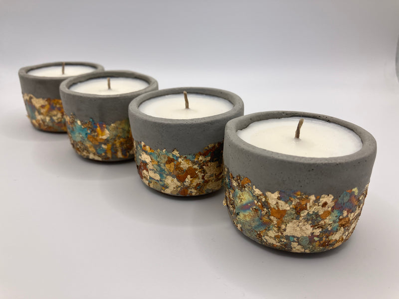 Set of 4 Large Tea Lights - Natural Soy Candles - Metallic Gold & Blue Colors & Concrete