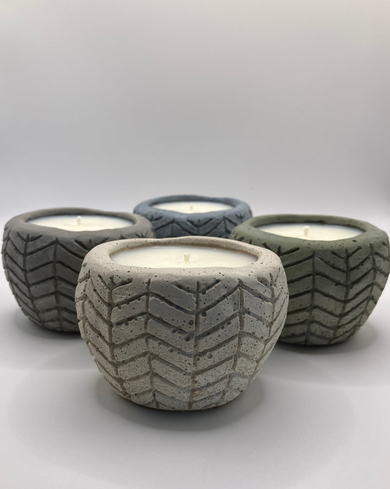 . Palo Santo Scented Handmade Natural Soy Candle - 4 Herringbone Pots - Bone, Khaki, Blue Fog & Gray