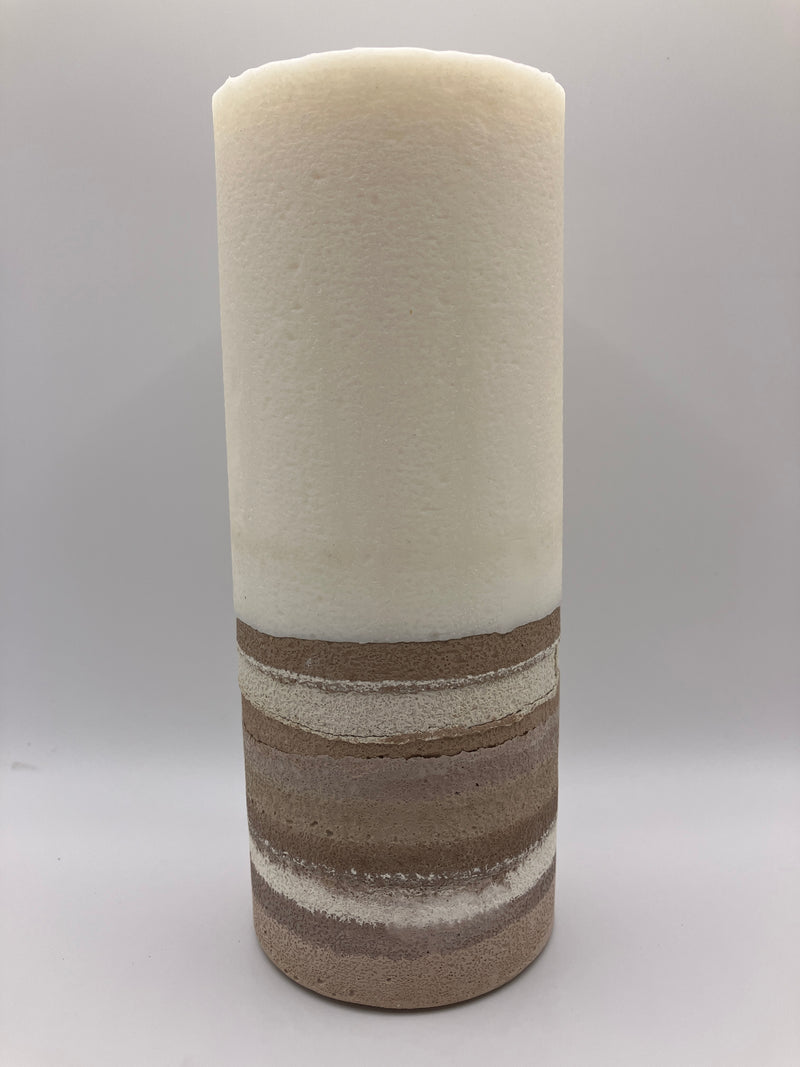 Large 7.5" Sweet Teakwood Scented Pillar Candle - Brown, White & Tan - Natural Soy Candle