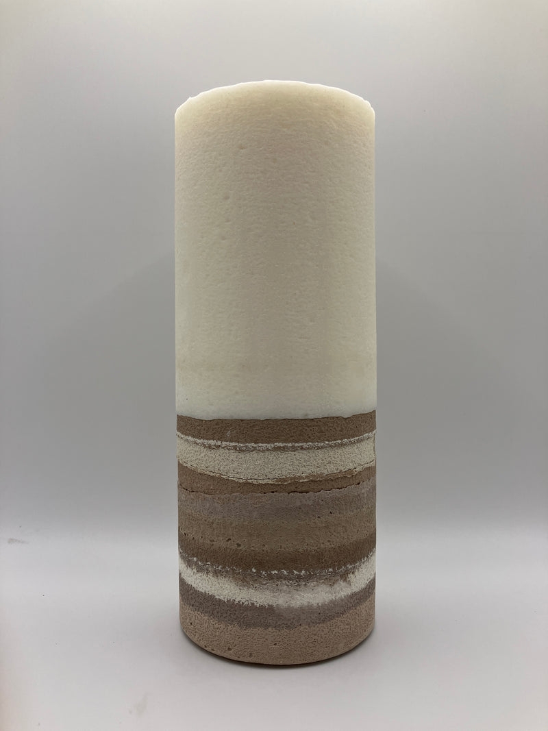 Large 7.5" Sweet Teakwood Scented Pillar Candle - Brown, White & Tan - Natural Soy Candle