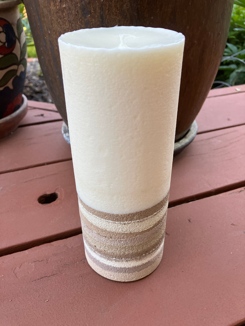 Large 7.5" Sweet Teakwood Scented Pillar Candle - Brown, White & Tan - Natural Soy Candle