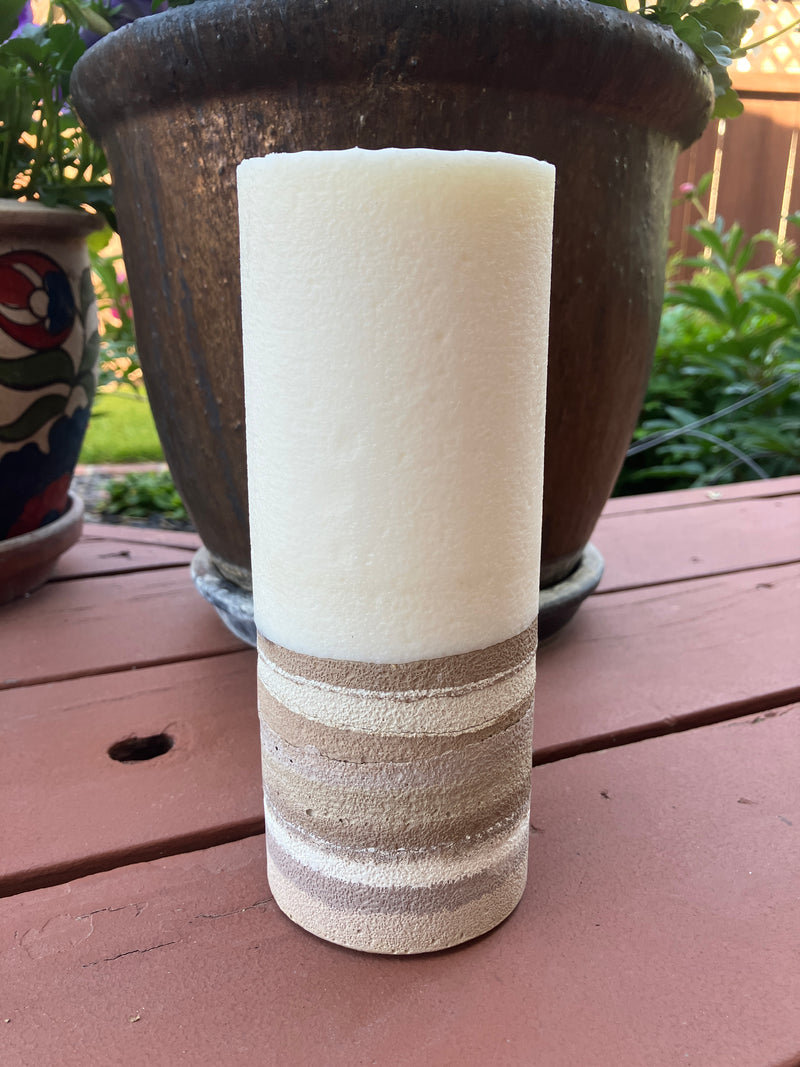 Large 7.5" Sweet Teakwood Scented Pillar Candle - Brown, White & Tan - Natural Soy Candle