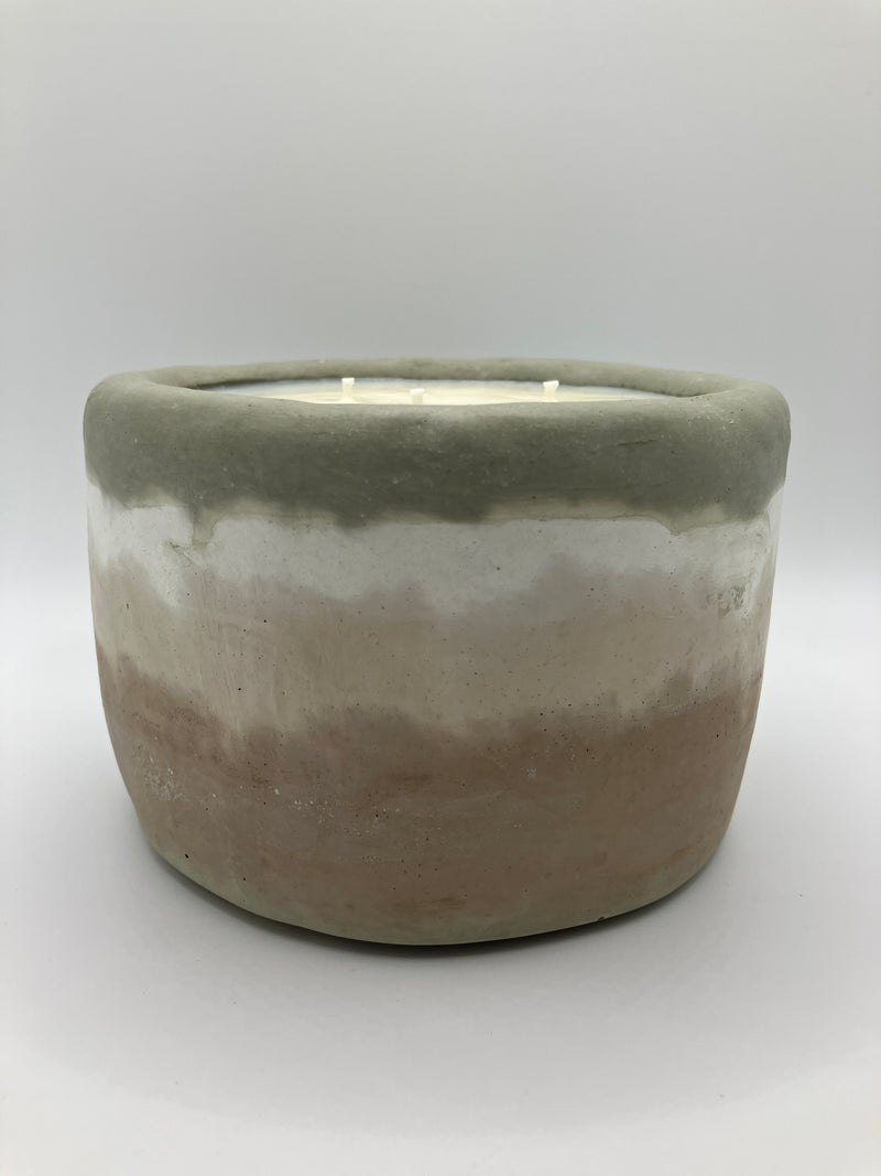 . Redwood & Moss Scented 3 Wick Concrete Dough Bowl in Khaki, White, Cream & Brown