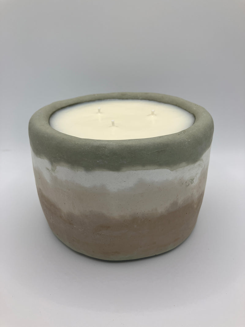 . Redwood & Moss Scented 3 Wick Concrete Dough Bowl in Khaki, White, Cream & Brown