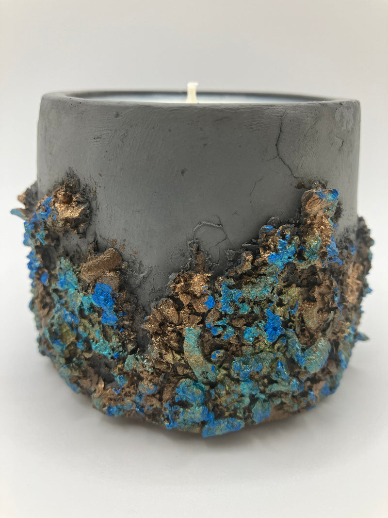 Rustic Scented Hand Painted Natural Soy Candle - Rustic Blue Fog - Nag Champa Scent - Organic - Metallic Blue Highlights