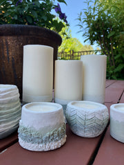 Herringbone Natural Soy Candle - Fresh Cactus Flower & Jade Scent - White, Sage & Blue / Green Handmade Vessel