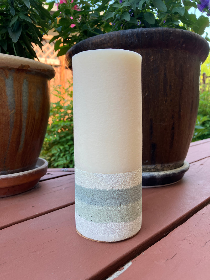 Large 7.5" Cedar Scented Pillar Candle - White, Sage & Green Blue - Natural Soy Candle