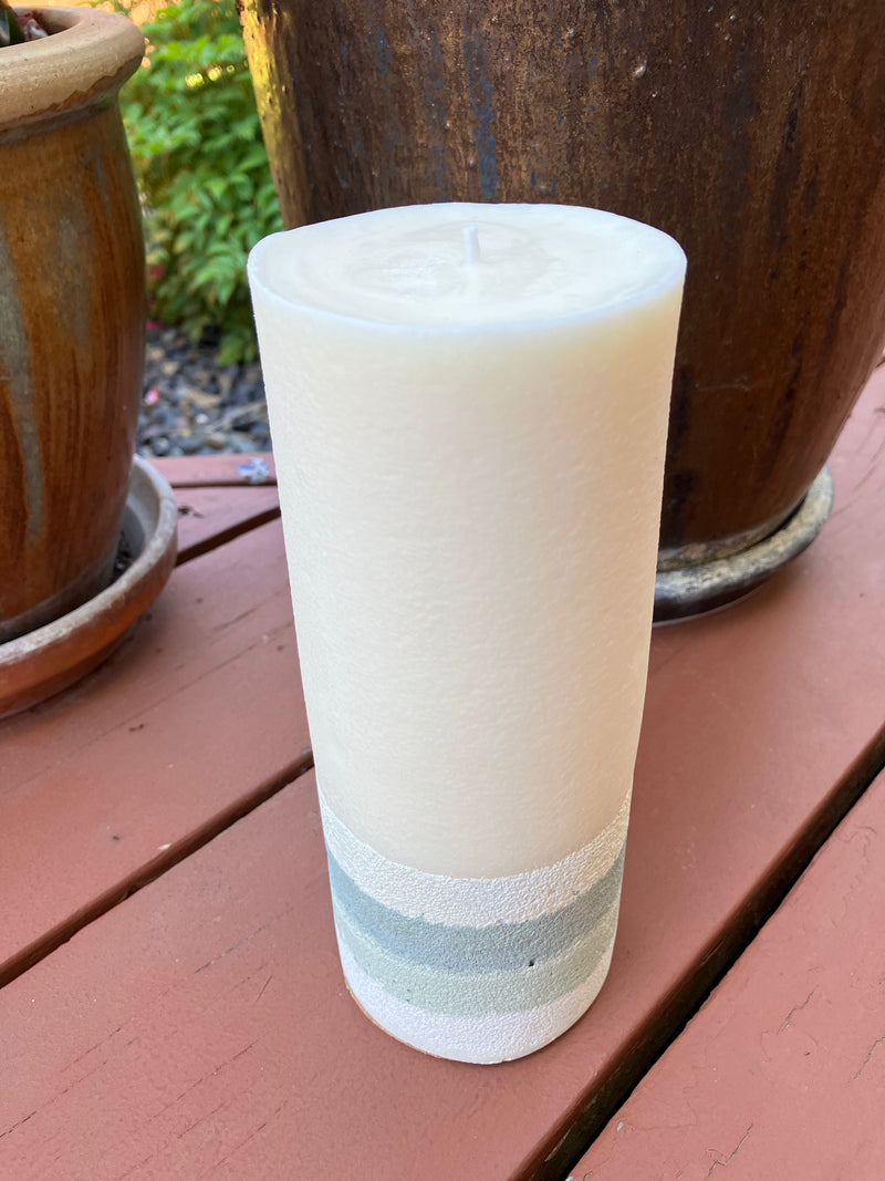 Large 7.5" Cedar Scented Pillar Candle - White, Sage & Green Blue - Natural Soy Candle