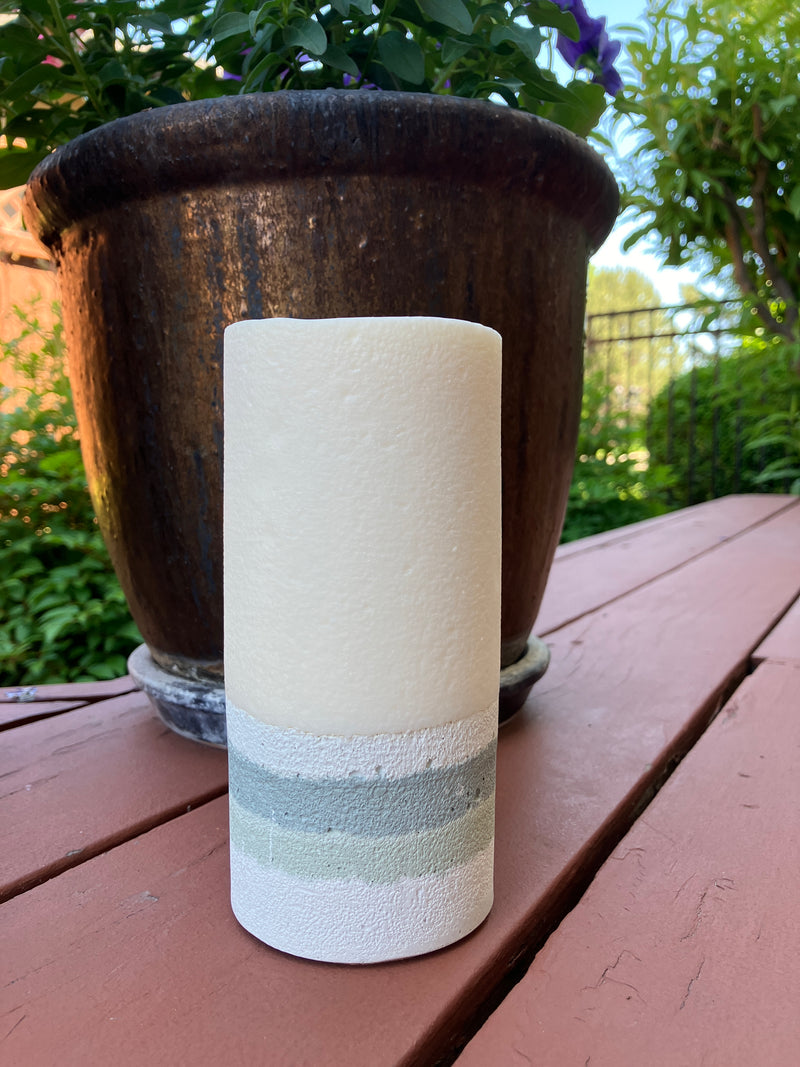 Large 6.25" Redwood & Moss Scented Pillar Candle - White, Sage & Green Blue - Natural Soy Candle