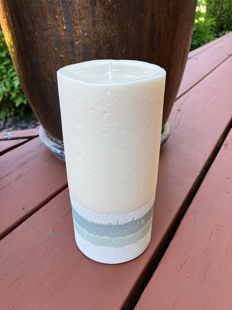 Large 6.25" Redwood & Moss Scented Pillar Candle - White, Sage & Green Blue - Natural Soy Candle