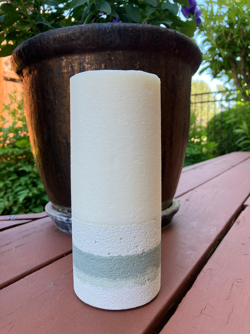 Large 7" Sandalwood Scented Pillar Candle - White, Sage & Green Blue - Natural Soy Candle