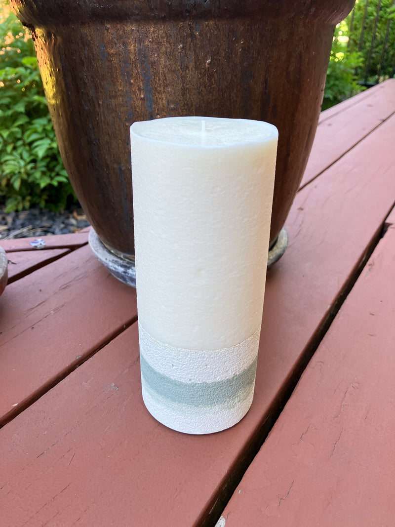 Large 7" Sandalwood Scented Pillar Candle - White, Sage & Green Blue - Natural Soy Candle