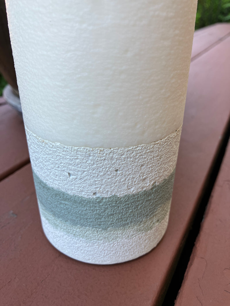 Large 7" Sandalwood Scented Pillar Candle - White, Sage & Green Blue - Natural Soy Candle