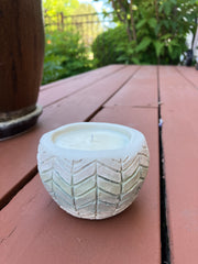 Herringbone Natural Soy Candle - Fresh Cactus Flower & Jade Scent - White, Sage & Blue / Green Handmade Vessel