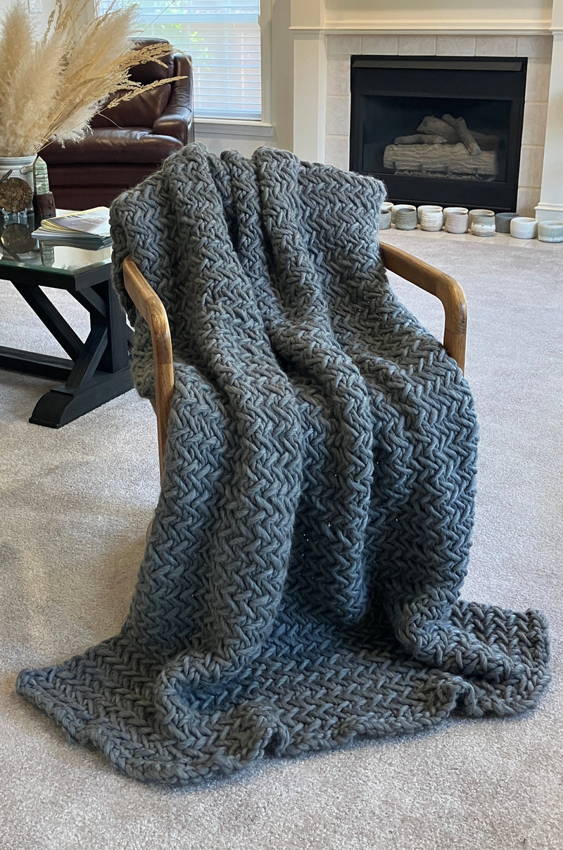 100% Peruvian Wool Hand Knitted Heirloom Blanket - Wool And The Gang Crazy Sexy Wool in Tweed Grey - 2000grams - W:50/52" X L:67/69"