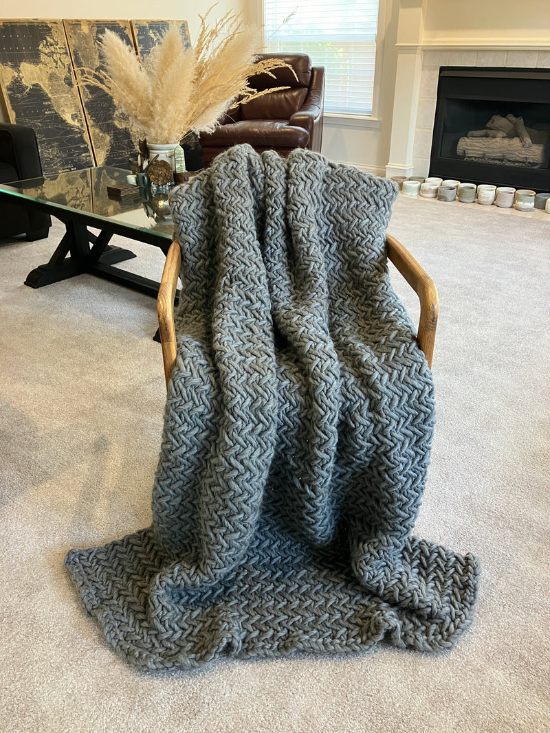 100% Peruvian Wool Hand Knitted Heirloom Blanket - Wool And The Gang Crazy Sexy Wool in Tweed Grey - 2000grams - W:50/52" X L:67/69"