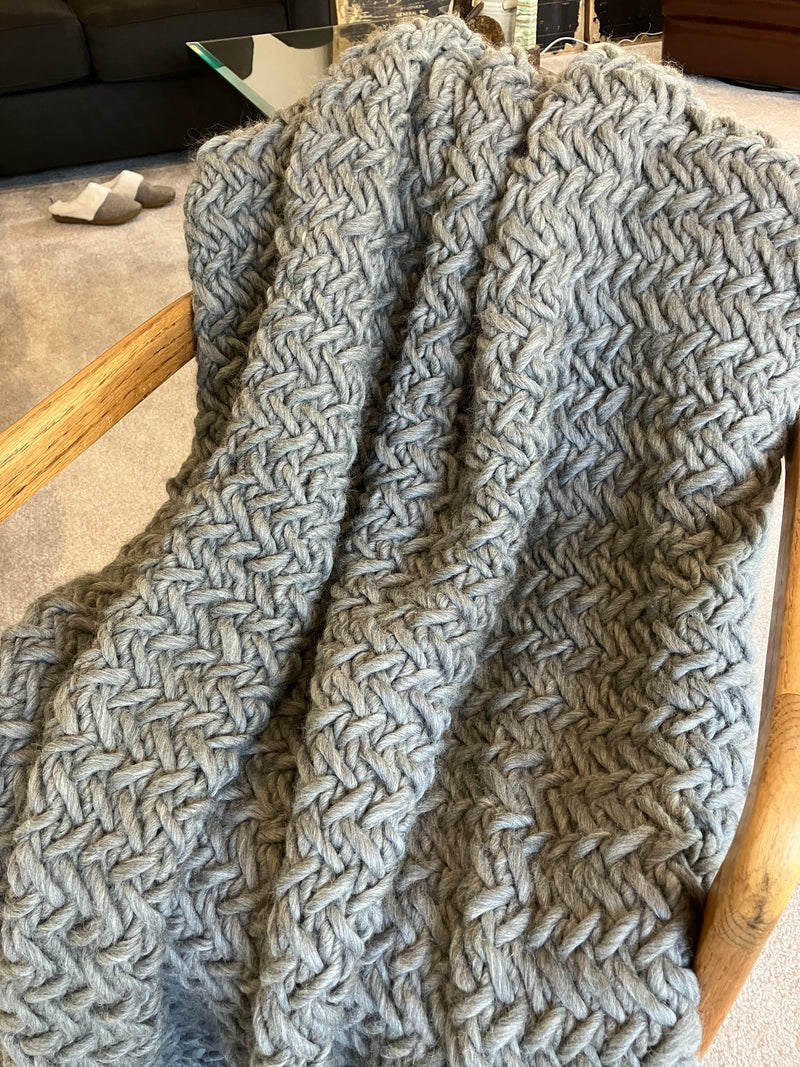 100% Peruvian Wool Hand Knitted Heirloom Blanket - Wool And The Gang Crazy Sexy Wool in Tweed Grey - 2000grams - W:50/52" X L:67/69"