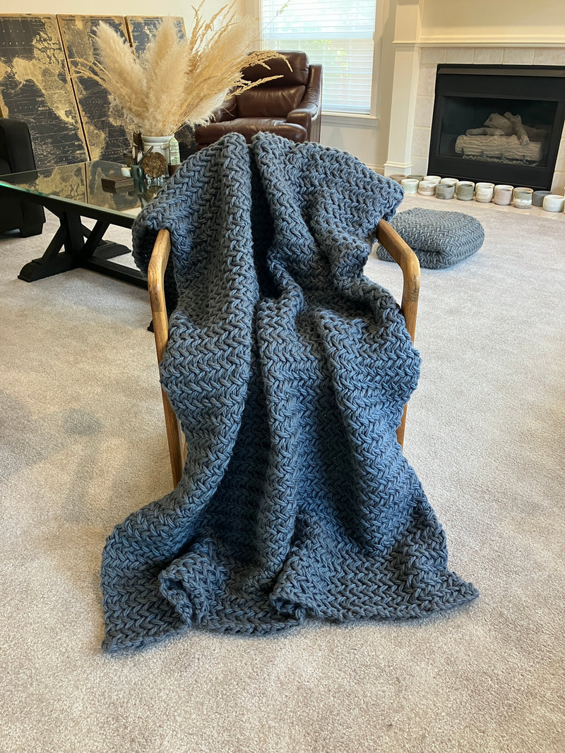 100% Merino Wool Hand Knitted Heirloom Blanket - Rowan BIG BIG Wool in Shadow Blue - 2200grams - W:46/48" X L:65/67"