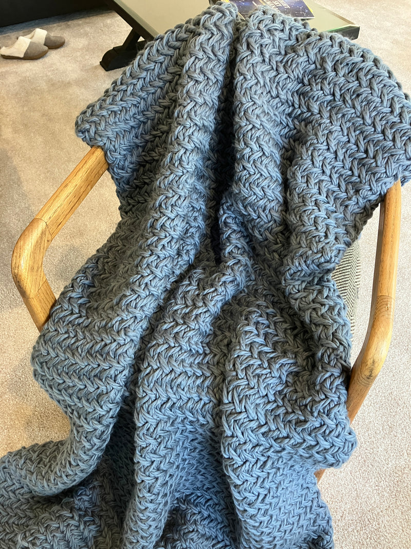 100% Merino Wool Hand Knitted Heirloom Blanket - Rowan BIG BIG Wool in Shadow Blue - 2200grams - W:46/48" X L:65/67"