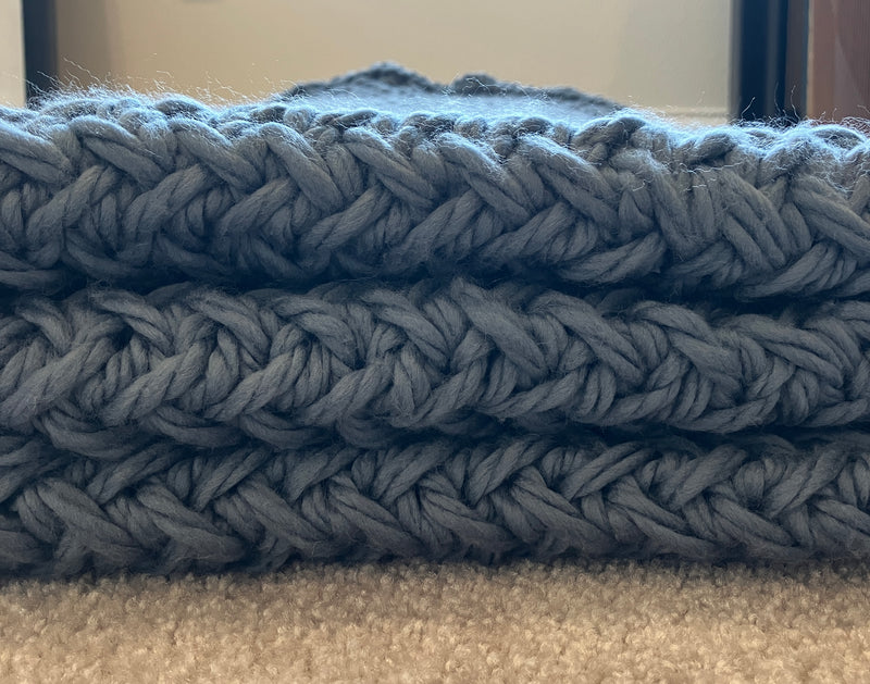 100% Merino Wool Hand Knitted Heirloom Blanket - Rowan BIG BIG Wool in Shadow Blue - 2200grams - W:46/48" X L:65/67"