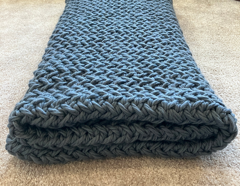 100% Merino Wool Hand Knitted Heirloom Blanket - Rowan BIG BIG Wool in Shadow Blue - 2200grams - W:46/48" X L:65/67"