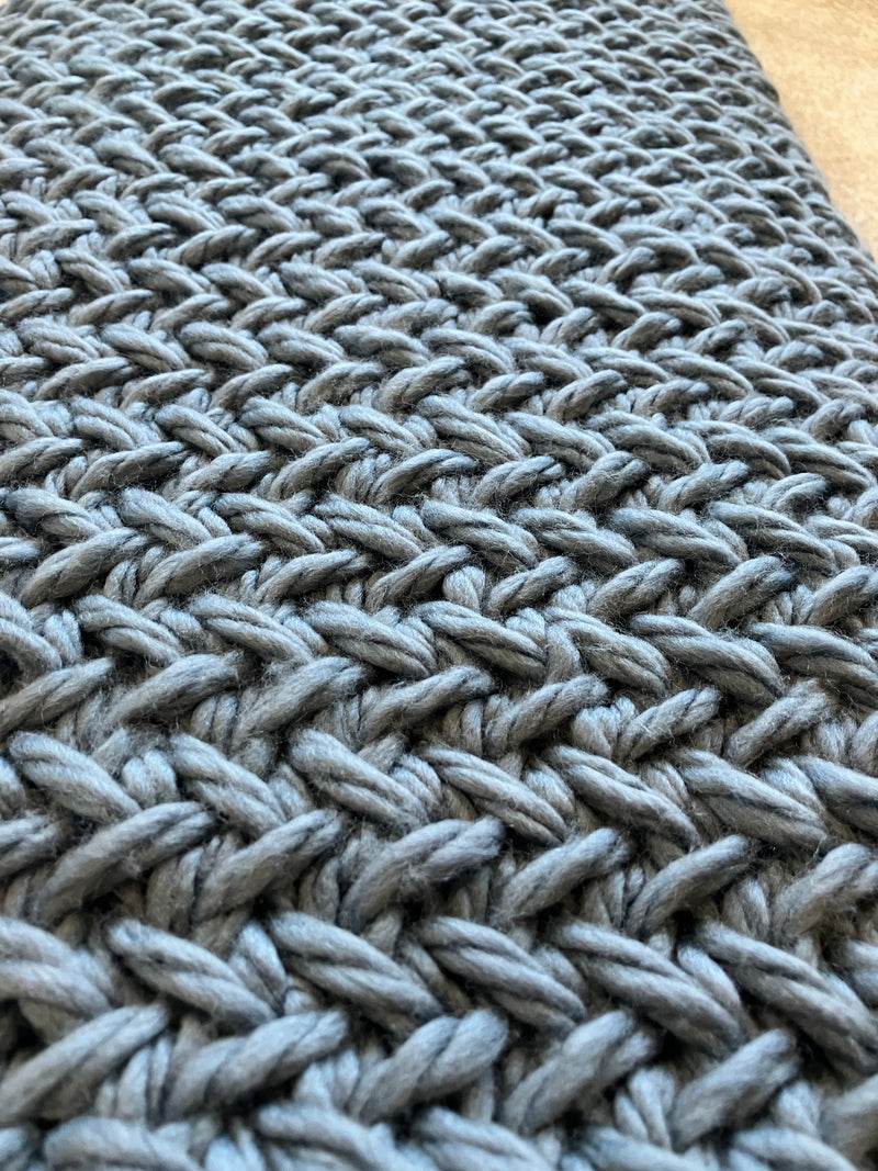 100% Merino Wool Hand Knitted Heirloom Blanket - Rowan BIG BIG Wool in Shadow Blue - 2200grams - W:46/48" X L:65/67"