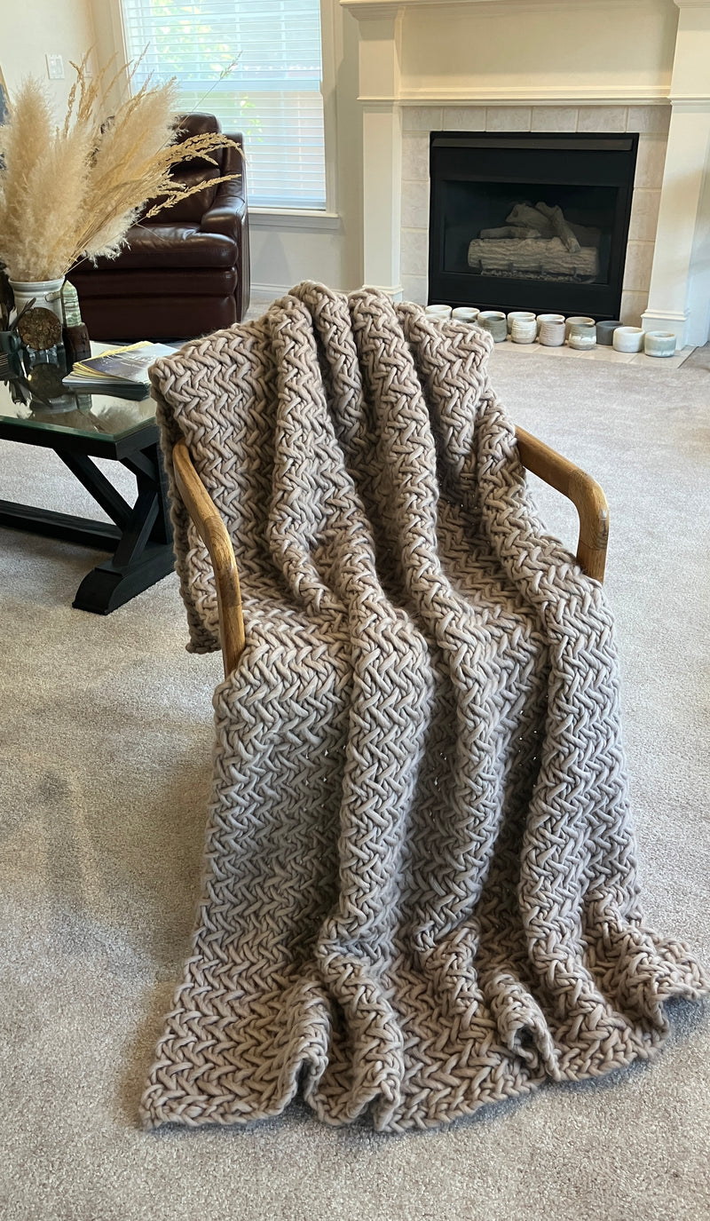 100% Peruvian Wool Hand Knitted Heirloom Blanket - Wool And The Gang Crazy Sexy Wool in Sandtrooper Beige - 2000grams - W:50/52" X L:73/75"