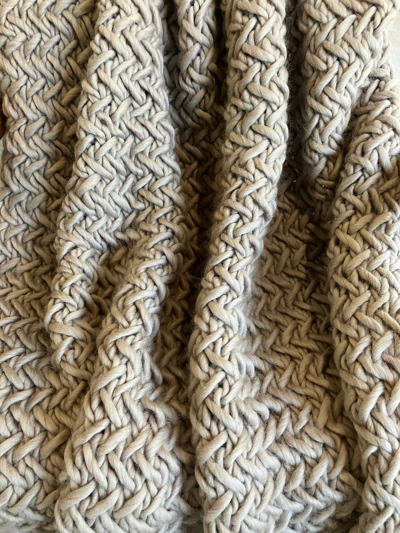 100% Peruvian Wool Hand Knitted Heirloom Blanket - Wool And The Gang Crazy Sexy Wool in Sandtrooper Beige - 2000grams - W:50/52" X L:73/75"