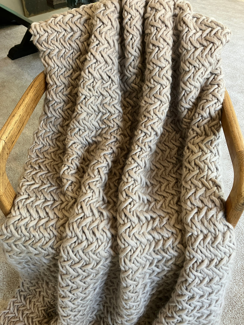 100% Peruvian Wool Hand Knitted Heirloom Blanket - Wool And The Gang Crazy Sexy Wool in Sandtrooper Beige - 2000grams - W:50/52" X L:73/75"