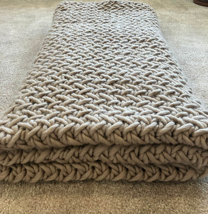 100% Peruvian Wool Hand Knitted Heirloom Blanket - Wool And The Gang Crazy Sexy Wool in Sandtrooper Beige - 2000grams - W:50/52" X L:73/75"